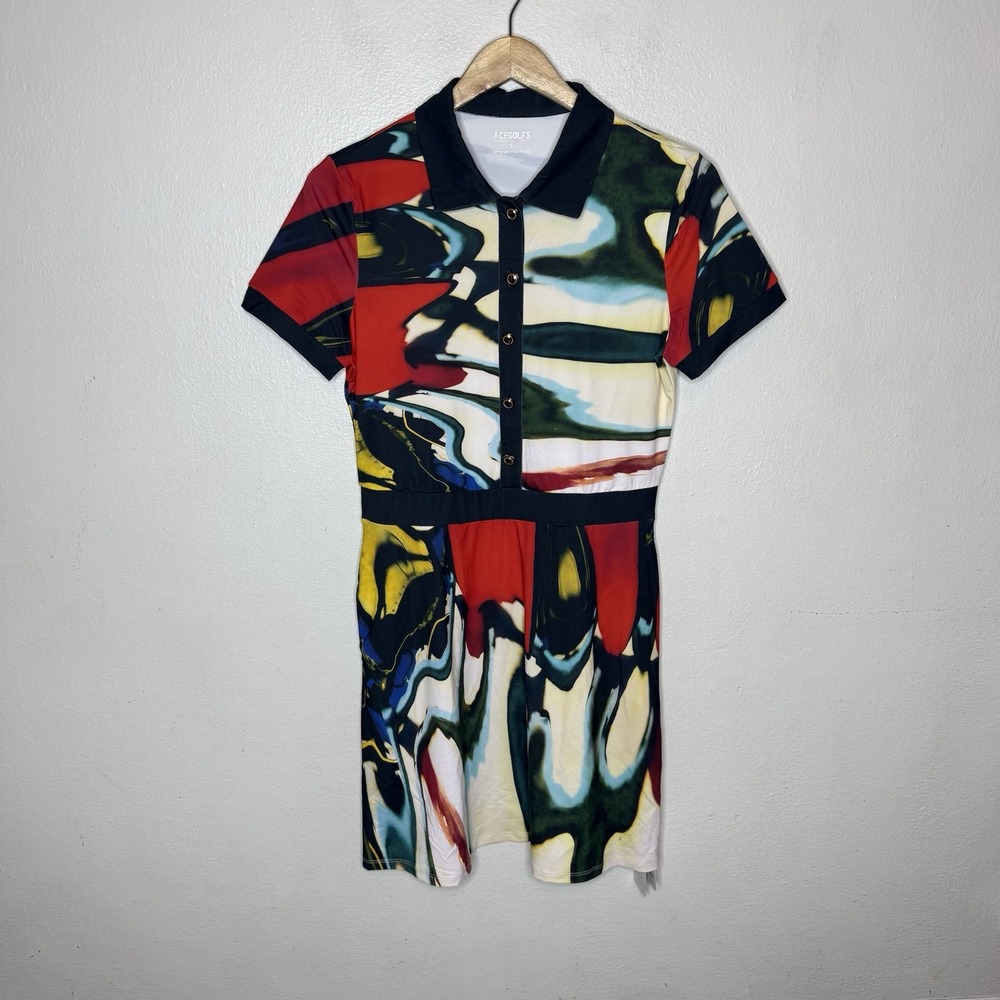New Acegolfs Inked Skin Short Sleeve A-Line Dress Abstract Colorful Womens Small